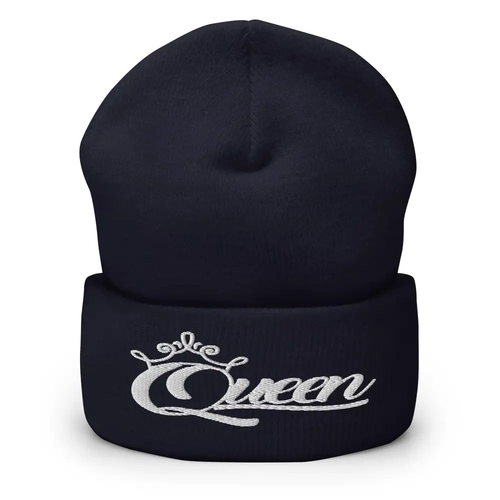 Queen Beanie – White Print Cuffed Hat for Women Who Own Their Crown in Navy