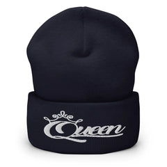 Queen Beanie – White Print Cuffed Hat for Women Who Own Their Crown in Navy