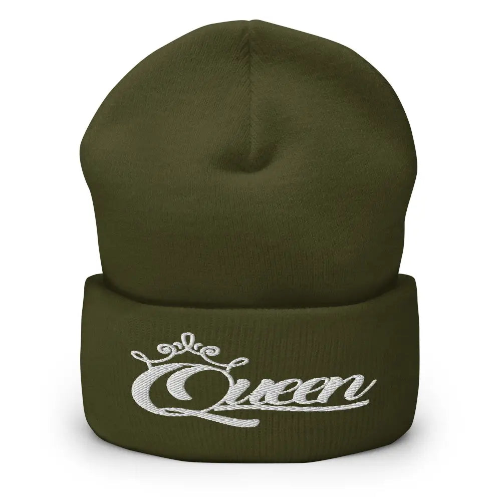 Queen Beanie – White Print Cuffed Hat for Women Who Own Their Crown in Olive Green