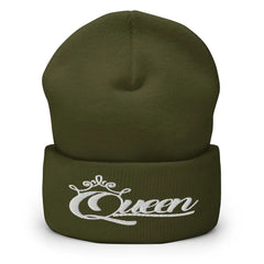 Queen Beanie – White Print Cuffed Hat for Women Who Own Their Crown in Olive Green