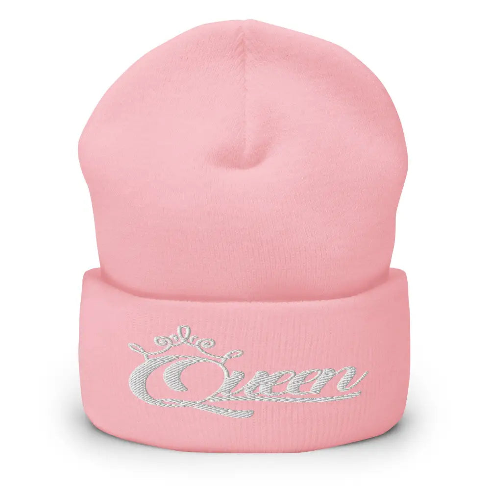 Queen Beanie – White Print Cuffed Hat for Women Who Own Their Crown in Pink
