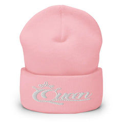 Queen Beanie – White Print Cuffed Hat for Women Who Own Their Crown in Pink