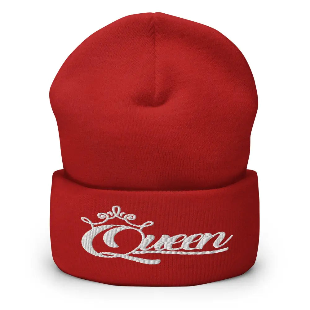 Queen Beanie – White Print Cuffed Hat for Women Who Own Their Crown in Red