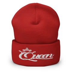 Queen Beanie – White Print Cuffed Hat for Women Who Own Their Crown in Red