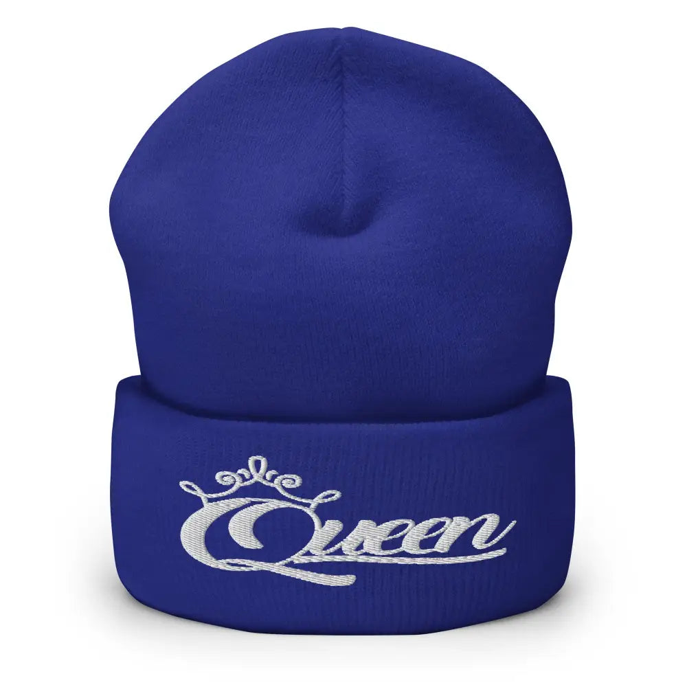 Queen Beanie – White Print Cuffed Hat for Women Who Own Their Crown in Royal Blue