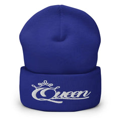 Queen Beanie – White Print Cuffed Hat for Women Who Own Their Crown in Royal Blue
