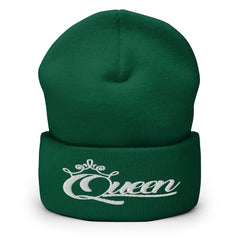 Queen Beanie – White Print Cuffed Hat for Women Who Own Their Crown in Spruce Green