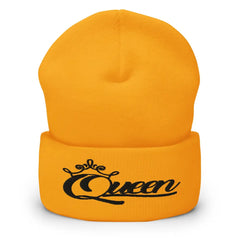 Queen Cuffed Beanie in Black Print – Women’s Gold Winter Hat with Empowering Embroidery