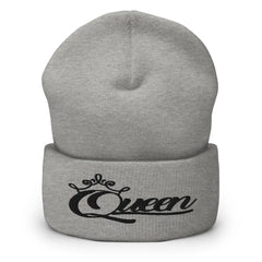 Queen Cuffed Beanie in Black Print – Women’s Heather Grey Winter Hat with Empowering Embroidery