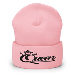 Queen Cuffed Beanie in Black Print – Women’s Pink Winter Hat with Empowering Embroidery