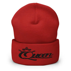 Queen Cuffed Beanie in Black Print – Women’s Red Winter Hat with Empowering Embroidery