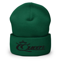 Queen Cuffed Beanie in Black Print – Women’s Spruce Green Winter Hat with Empowering Embroidery