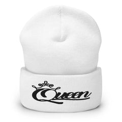 Queen Cuffed Beanie in Black Print – Women’s White Winter Hat with Empowering Embroidery