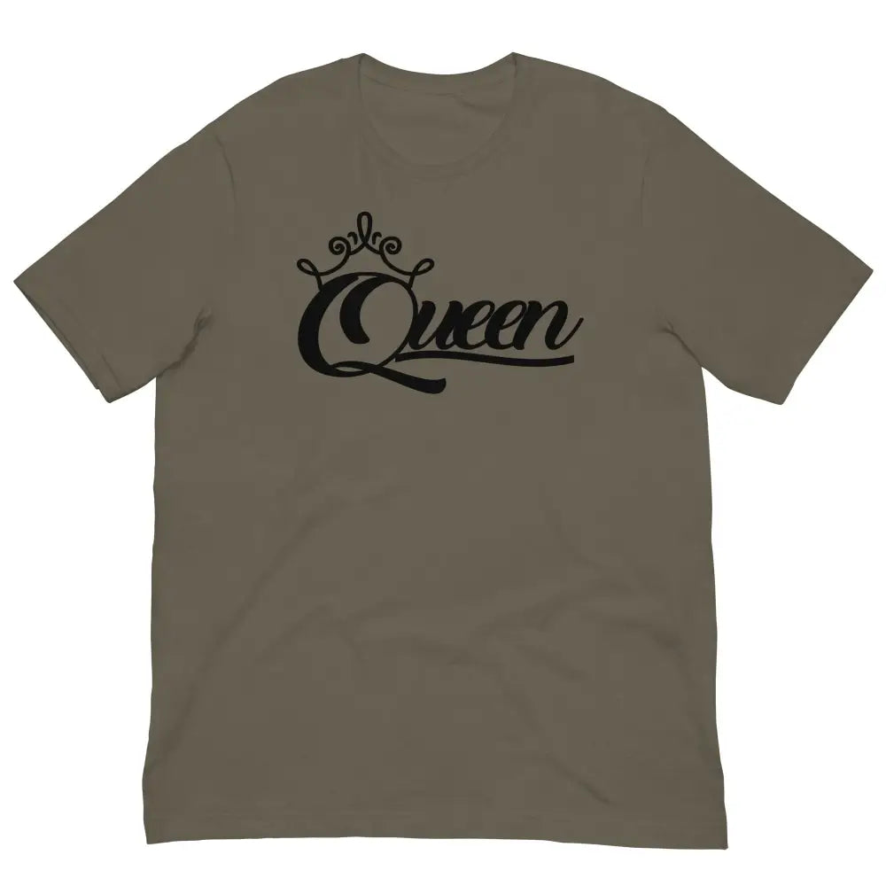 Front View of Queen Graphic Tee in Army Green – Empowering Women’s T-Shirt by Black Heart Tees Clothing
