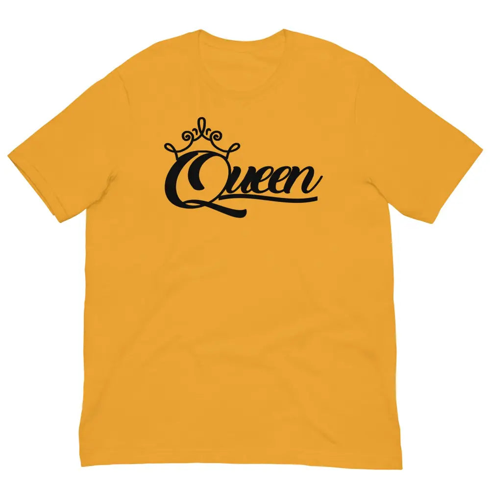 Front View of Queen Graphic Tee in Mustard Yellow – Empowering Women’s T-Shirt by Black Heart Tees Clothing