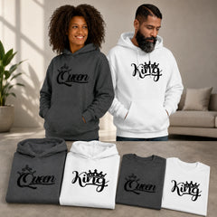 Queen and King Hoodie + Tee Bundle lifestyle image featuring charcoal Queen and white King pullover hoodies with matching graphic tees