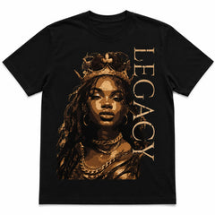 Queen Legacy women's black graphic tee featuring crowned woman portrait and vertical Legacy design – Black Heart Tees motivational apparel