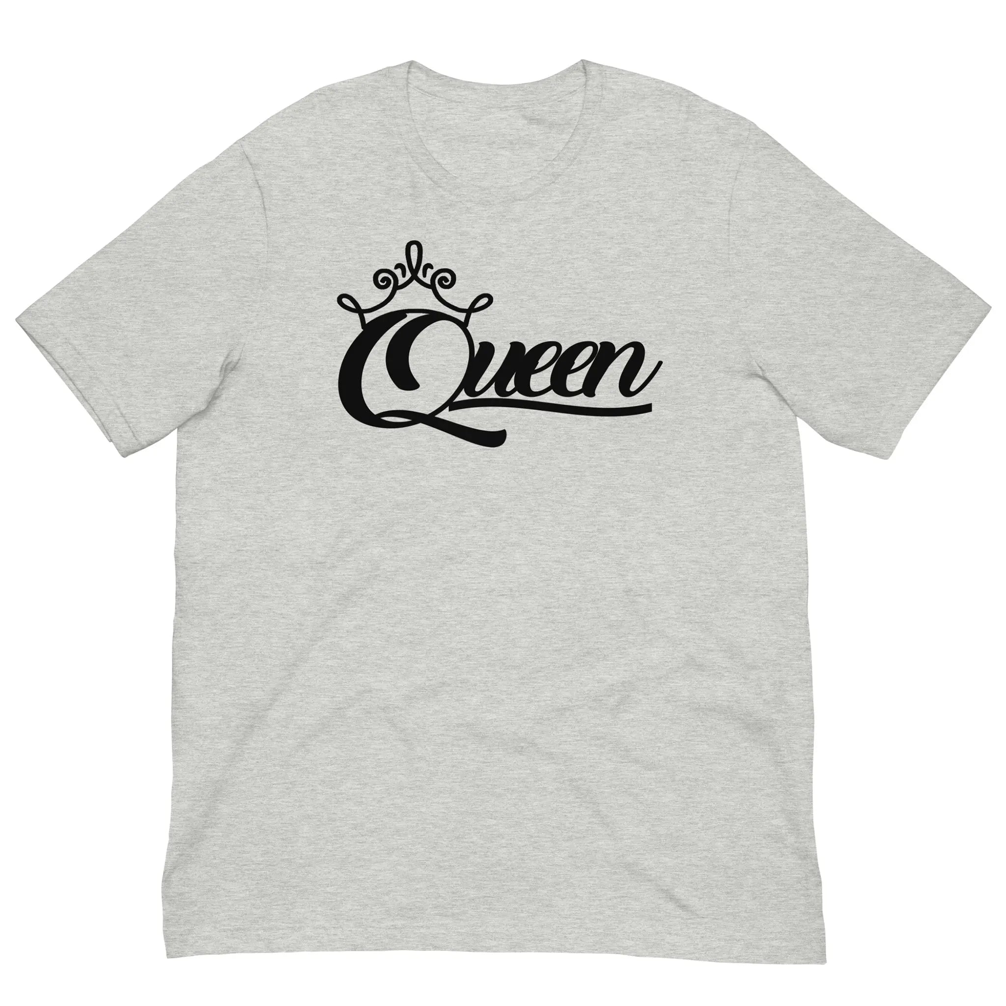 A light heather gray short-sleeve t-shirt with a black graphic on the chest reading 'Queen' in stylized script under a small crown, shown on a plain white background.