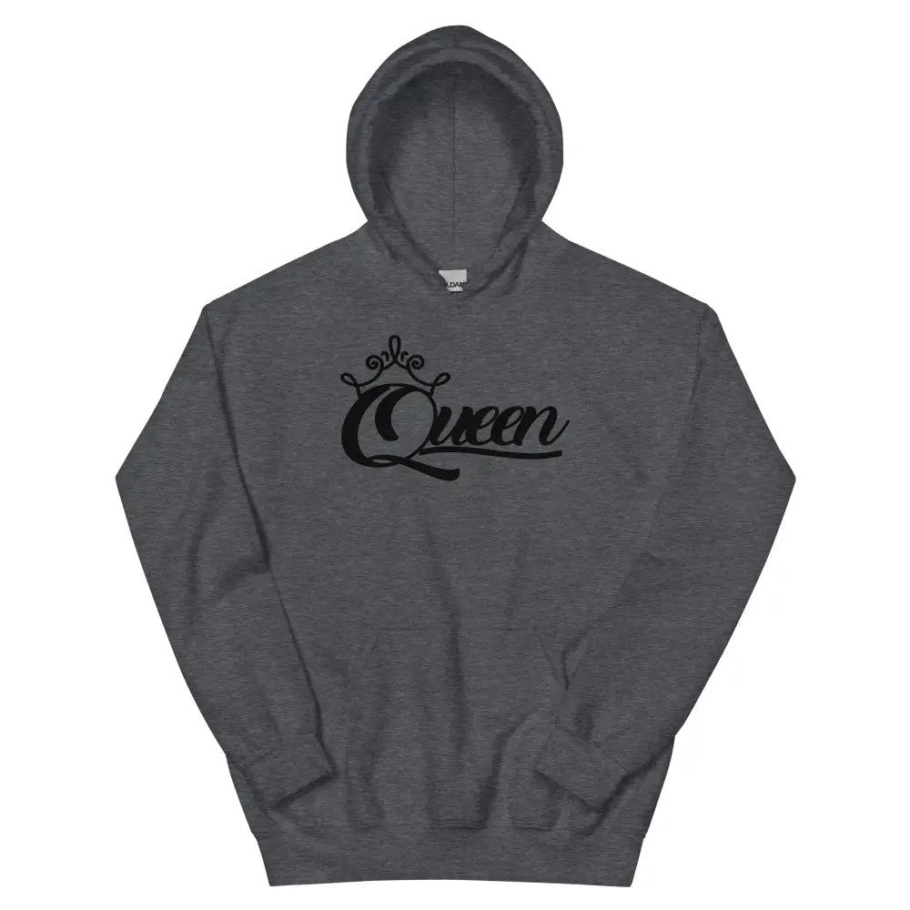 Queen women's Dark Heather pullover hoodie with black crown script graphic – Black Heart Tees motivational apparel.
