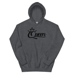 Queen women's Dark Heather pullover hoodie with black crown script graphic – Black Heart Tees motivational apparel.