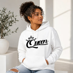 Woman wearing Queen white pullover hoodie with black crown script design in a clean minimal lifestyle setting – Black Heart Tees motivational apparel.