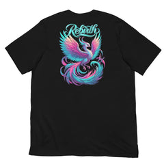 Rebirth Phoenix Tee – Black cotton t-shirt by Black Heart Tees Clothing featuring phoenix rising from ashes design, symbolizing strength, rebirth, and hope. (Back View)