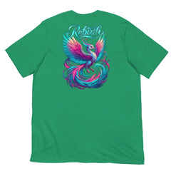 Rebirth Phoenix Tee – Kelly Green cotton t-shirt by Black Heart Tees Clothing featuring phoenix rising from ashes design, symbolizing strength, rebirth, and hope. (Back View)