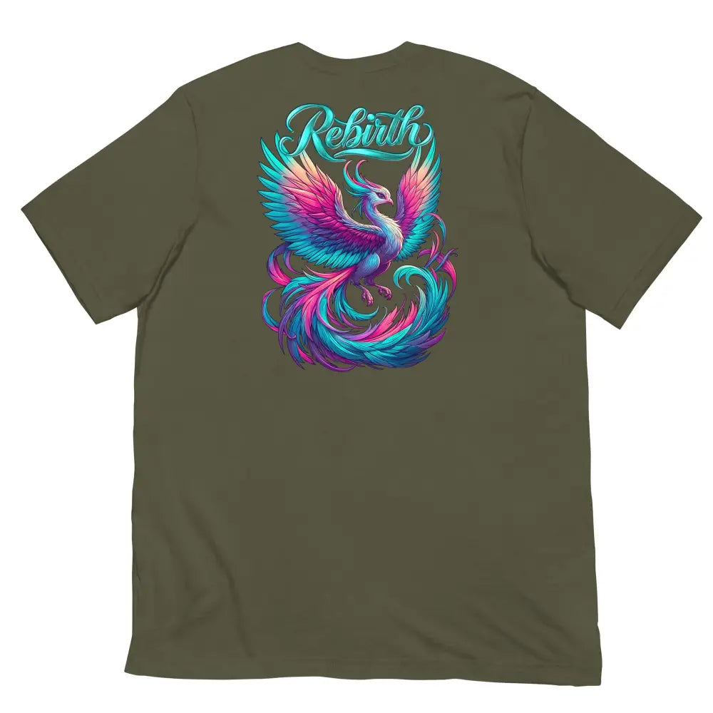 Rebirth Phoenix Tee – Military Green cotton t-shirt by Black Heart Tees Clothing featuring phoenix rising from ashes design, symbolizing strength, rebirth, and hope. (Back View)