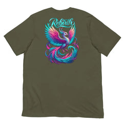 Rebirth Phoenix Tee – Military Green cotton t-shirt by Black Heart Tees Clothing featuring phoenix rising from ashes design, symbolizing strength, rebirth, and hope. (Back View)