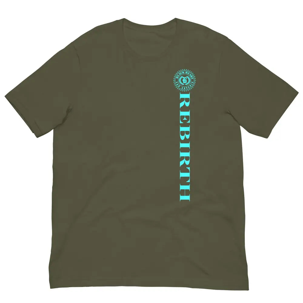 Rebirth Phoenix Tee – Military Green cotton t-shirt by Black Heart Tees Clothing featuring phoenix rising from ashes design, symbolizing strength, rebirth, and hope. (Front View)