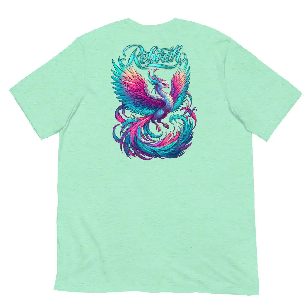 Rebirth Phoenix Tee – Mint cotton t-shirt by Black Heart Tees Clothing featuring phoenix rising from ashes design, symbolizing strength, rebirth, and hope. (Back View)