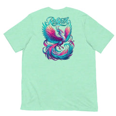 Rebirth Phoenix Tee – Mint cotton t-shirt by Black Heart Tees Clothing featuring phoenix rising from ashes design, symbolizing strength, rebirth, and hope. (Back View)