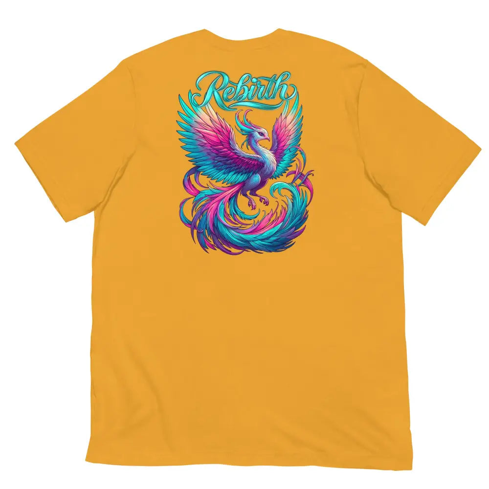Rebirth Phoenix Tee – Mustard Yellow cotton t-shirt by Black Heart Tees Clothing featuring phoenix rising from ashes design, symbolizing strength, rebirth, and hope. (Back View)