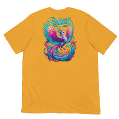Rebirth Phoenix Tee – Mustard Yellow cotton t-shirt by Black Heart Tees Clothing featuring phoenix rising from ashes design, symbolizing strength, rebirth, and hope. (Back View)