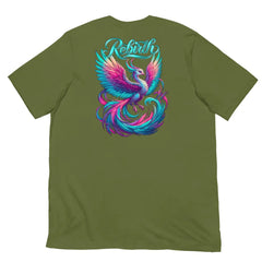 Rebirth Phoenix Tee – Olive Green cotton t-shirt by Black Heart Tees Clothing featuring phoenix rising from ashes design, symbolizing strength, rebirth, and hope. (Back View)