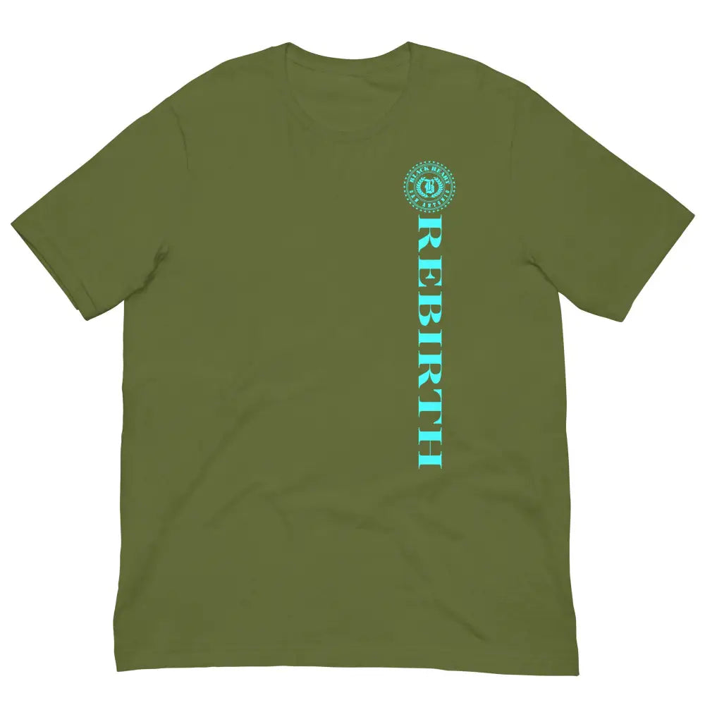 Rebirth Phoenix Tee – Olive Green cotton t-shirt by Black Heart Tees Clothing featuring phoenix rising from ashes design, symbolizing strength, rebirth, and hope. (Front View)