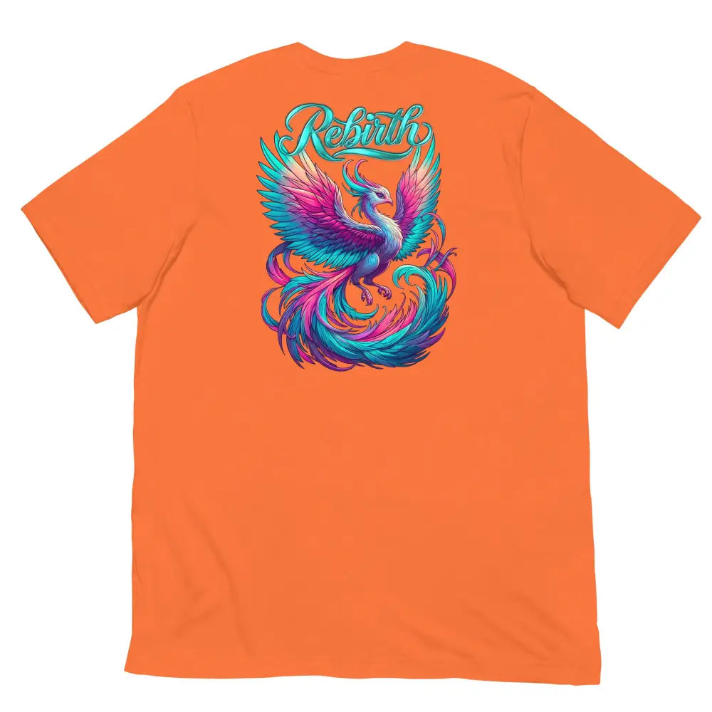 Rebirth Phoenix Tee – Orange cotton t-shirt by Black Heart Tees Clothing featuring phoenix rising from ashes design, symbolizing strength, rebirth, and hope. (Back View)