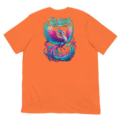 Rebirth Phoenix Tee – Orange cotton t-shirt by Black Heart Tees Clothing featuring phoenix rising from ashes design, symbolizing strength, rebirth, and hope. (Back View)