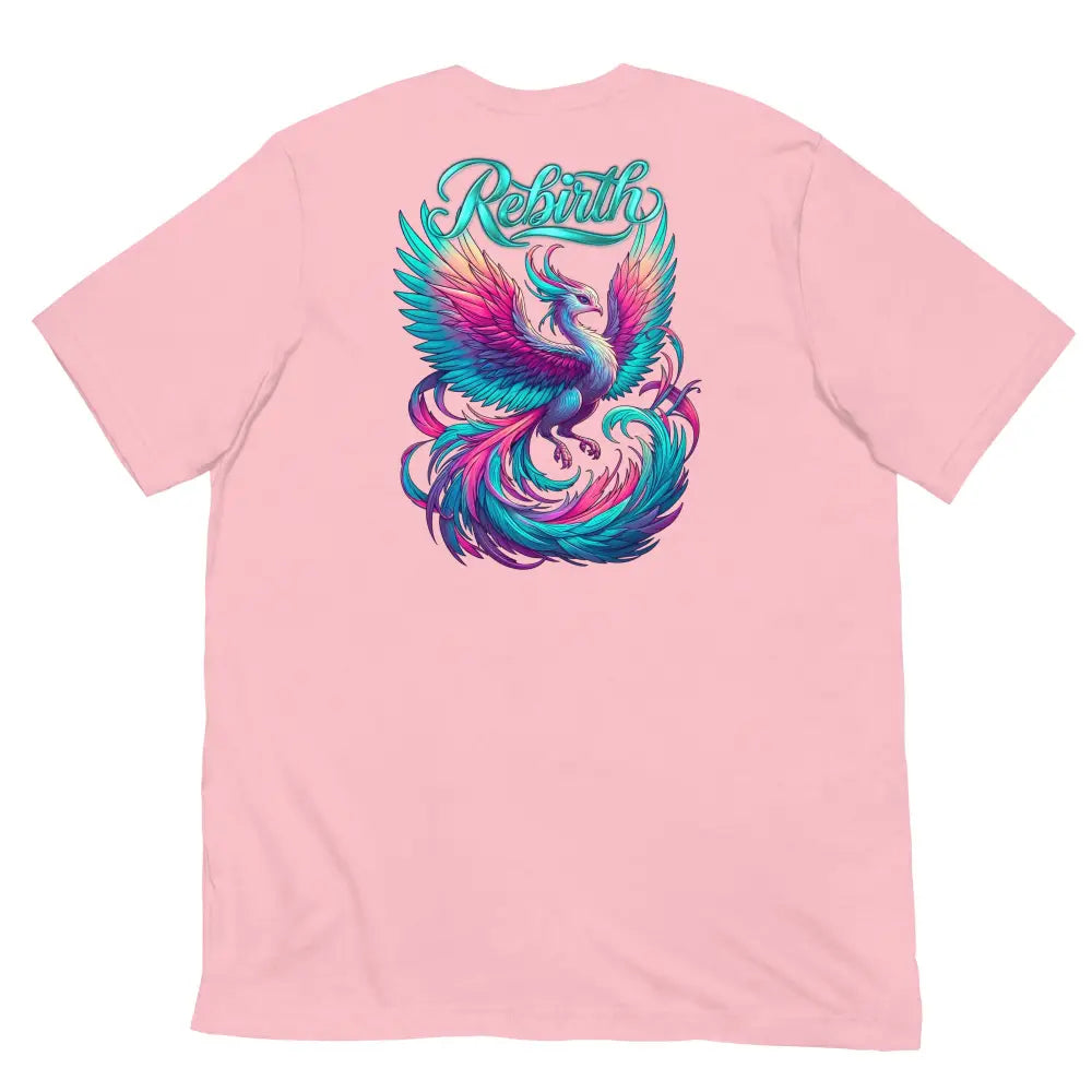 Rebirth Phoenix Tee – Pink cotton t-shirt by Black Heart Tees Clothing featuring phoenix rising from ashes design, symbolizing strength, rebirth, and hope. (Back View)