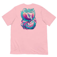 Rebirth Phoenix Tee – Pink cotton t-shirt by Black Heart Tees Clothing featuring phoenix rising from ashes design, symbolizing strength, rebirth, and hope. (Back View)