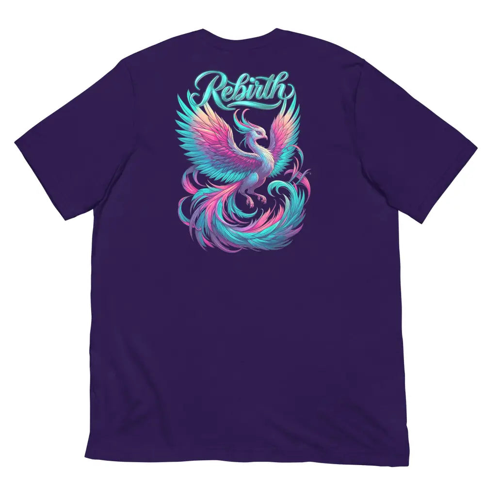 Rebirth Phoenix Tee – Purple cotton t-shirt by Black Heart Tees Clothing featuring phoenix rising from ashes design, symbolizing strength, rebirth, and hope. (Back View)