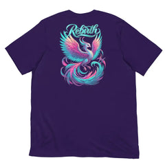 Rebirth Phoenix Tee – Purple cotton t-shirt by Black Heart Tees Clothing featuring phoenix rising from ashes design, symbolizing strength, rebirth, and hope. (Back View)