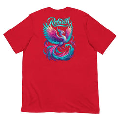 Rebirth Phoenix Tee – Red cotton t-shirt by Black Heart Tees Clothing featuring phoenix rising from ashes design, symbolizing strength, rebirth, and hope. (Back View)