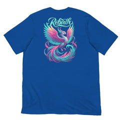 Rebirth Phoenix Tee – Royal Blue cotton t-shirt by Black Heart Tees Clothing featuring phoenix rising from ashes design, symbolizing strength, rebirth, and hope. (Back View)