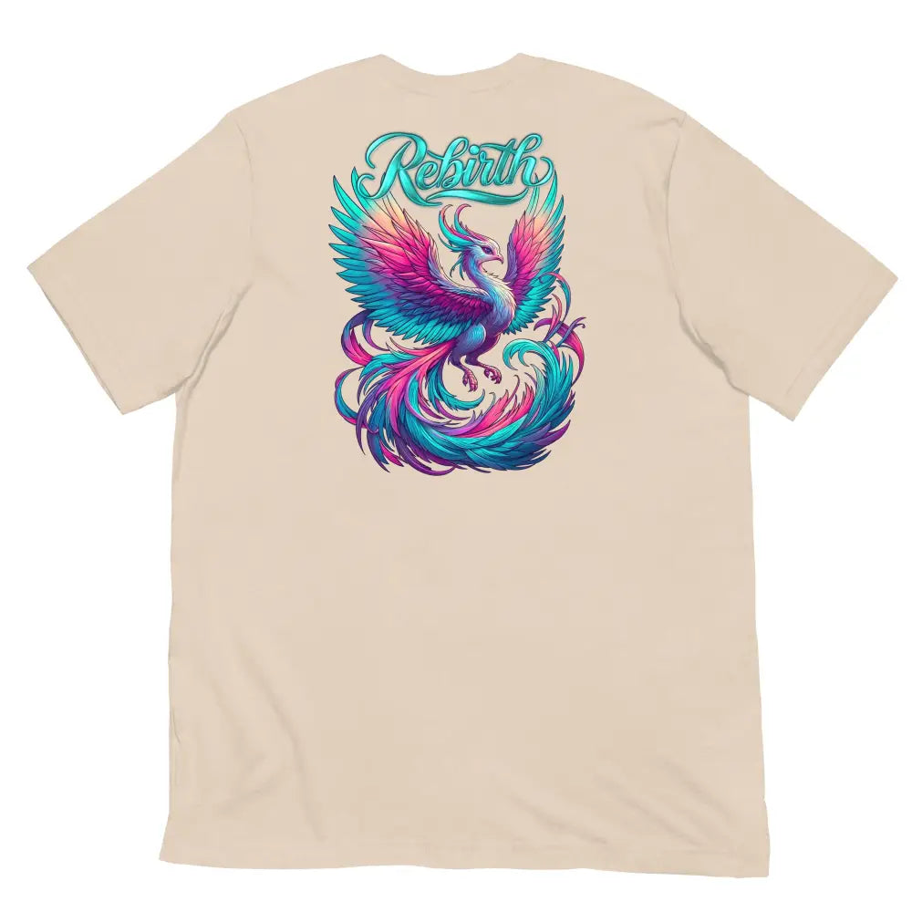 Rebirth Phoenix Tee – Soft Cream cotton t-shirt by Black Heart Tees Clothing featuring phoenix rising from ashes design, symbolizing strength, rebirth, and hope. (Back View)