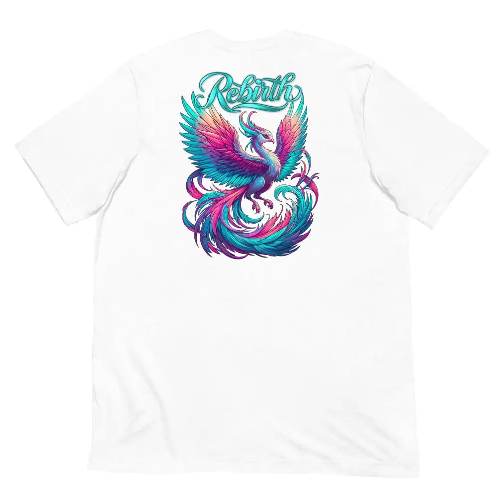 Rebirth Phoenix Tee – White cotton t-shirt by Black Heart Tees Clothing featuring phoenix rising from ashes design, symbolizing strength, rebirth, and hope. (Back View)