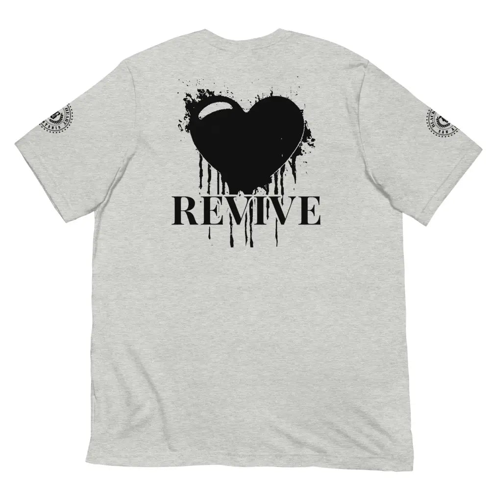 Revive Black Heart Tee – Athletic Heather Grey cotton t-shirt by Black Heart Tees Clothing featuring bold Black Heart design, symbolizing resilience, renewal, and inner strength. (Back View)