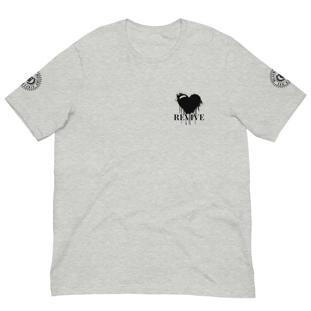 Revive Black Heart Tee – Athletic Heather Grey cotton t-shirt by Black Heart Tees Clothing featuring bold Black Heart design, symbolizing resilience, renewal, and inner strength. (Front View)