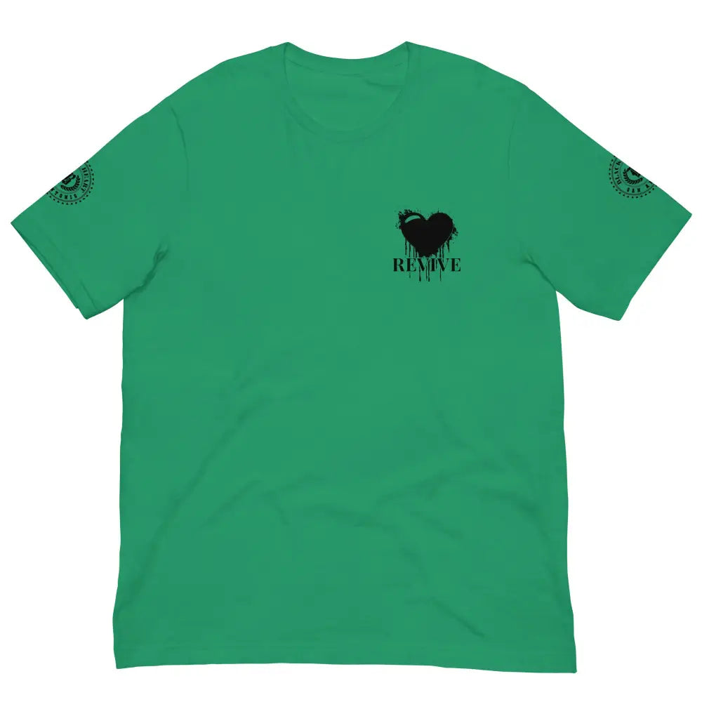 Revive Black Heart Tee – Kelly Green cotton t-shirt by Black Heart Tees Clothing featuring bold Black Heart design, symbolizing resilience, renewal, and inner strength. (Front View)