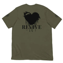 Revive Black Heart Tee – Military Green cotton t-shirt by Black Heart Tees Clothing featuring bold Black Heart design, symbolizing resilience, renewal, and inner strength. (Back View)